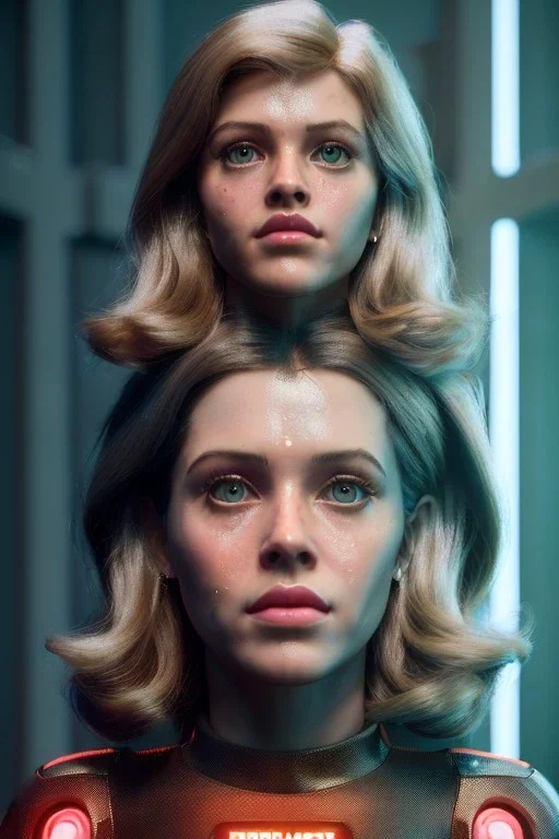 Ultra Realistic retro sci-fi scene, portrait, brunette woman, sweet young Jane fonda face, perfect iris, glow eyes, makeup. Alien background, Retro sci-fi style, helmet, tight latex coat, fog, rain, soft color, highly detailed, unreal engine 5, ray tracing, RTX, lumen lighting, ultra detail, volumetric lighting, 3d, finely drawn, high definition, high resolution.