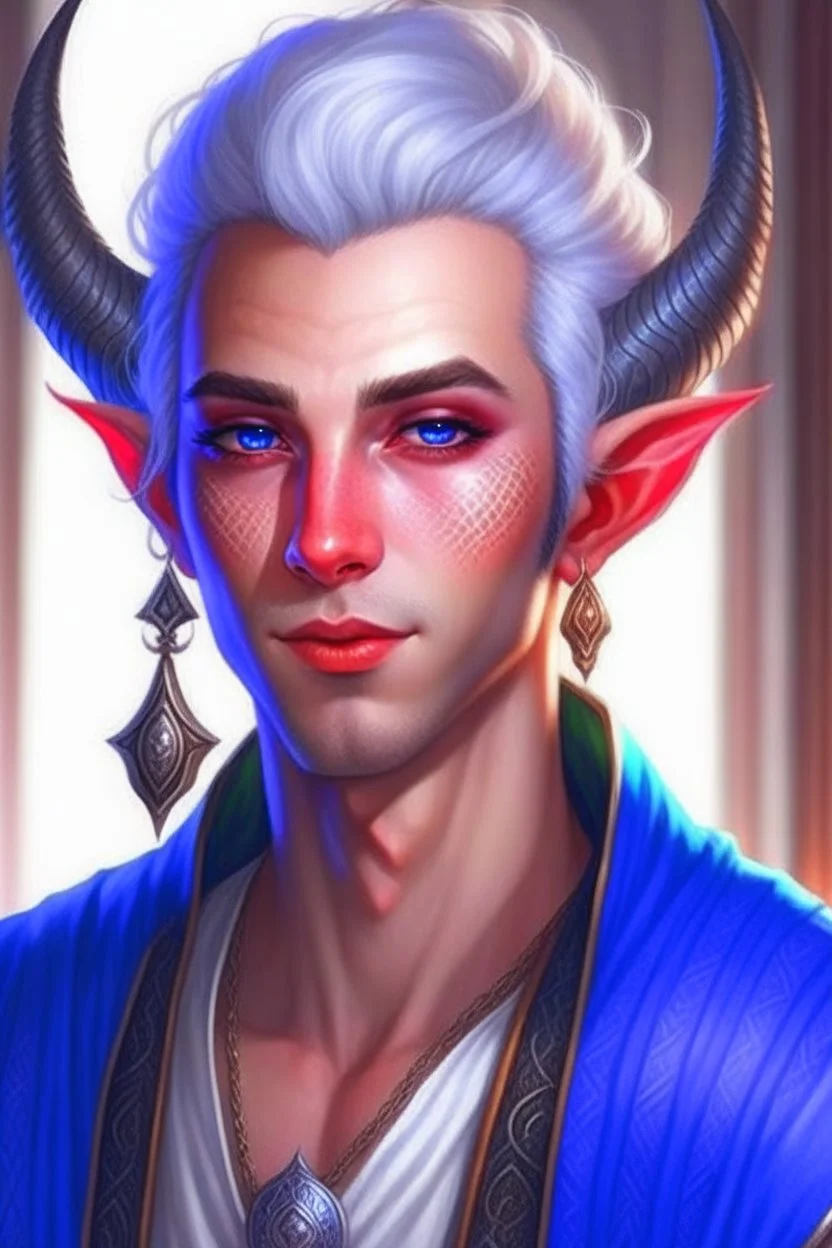 a romantic tiefling with no horns young man with long pointy ears and blue eyes, wears lots of jewelry, white hair