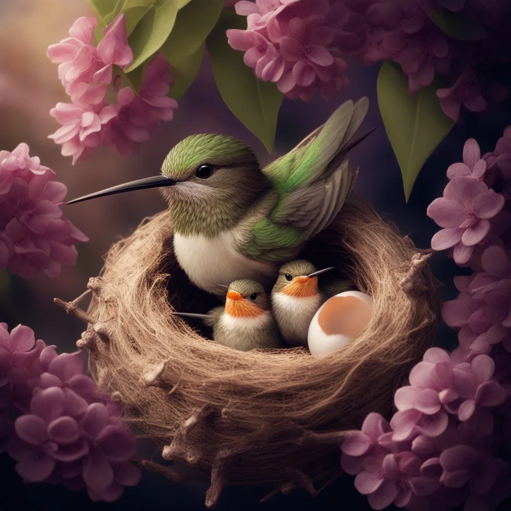 Create an incredible image in the Anne Geddes art style with 2 cute baby ruby throated hummingbirds sitting on the nest in a lilac bush branch, next to the baby hummingbirds is a broken shell of one egg, as if it had just hatched from the egg. Mother hummingbird in the nest looking calm at the 2 baby hummingbirds. the nest is inside a beautiful flowering lilac branch. A masterpiece, a high-quality photo taken at exactly the right moment for an award-winning photo. bokeh Nikon D850 hig