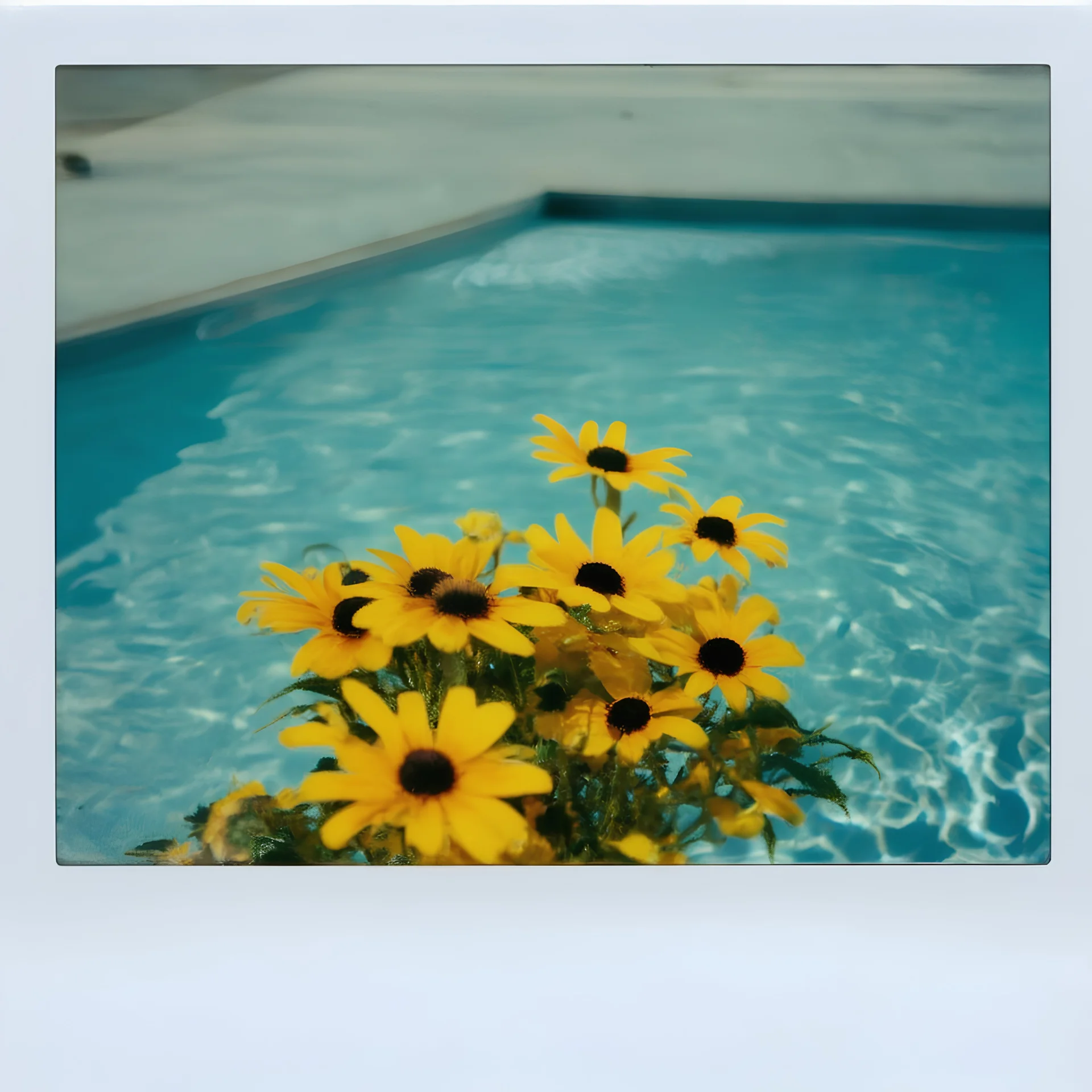 Black-eyed Susans in a swimming pool, old damaged white framed polaroid, bokeh effect