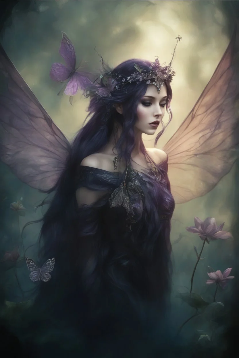 Dark Burgundy hair , dark red, dark purple violet, Fairy wings Purple hair,water lilies,dark fairy ,lilac dark red hair princess,nymph,elven crown,dragonflies,tiara,,gothic,glitter