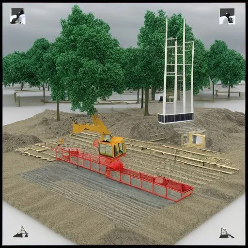 3D square with construction site, a crane and some trees and a waterfall