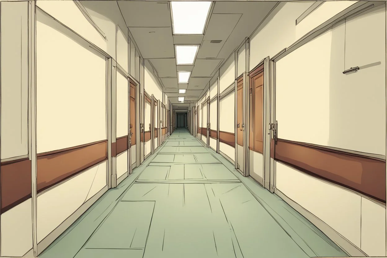 wide corridor full of closed doors with a single open doorway