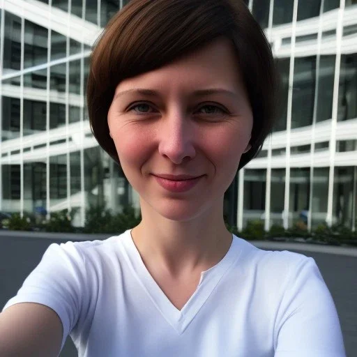 A short haired, female computer engineer taking a selfie in front of Building 92 at Microsoft