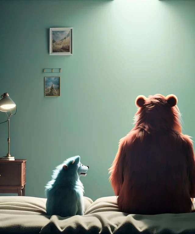 Realistic bedroom scene. big furry monster sitting next to girl from behind. Wes Anderson style. Red hair, smile, happy, gradient color fog. highly detailed, concept art, unreal engine 5, ray tracing, RTX, lumen lighting, ultra detail, volumetric lighting, 3d, finely drawn, high definition, high resolution.