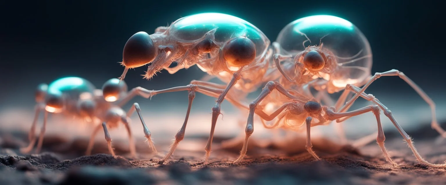 close up on dented glowing transparent ant skeleton rat babies, raised by ninja necromancer in the wild, in surreal glowing chrome landscape