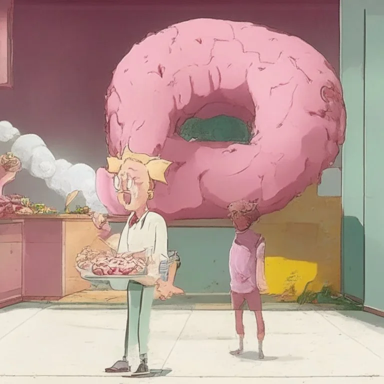 Morty staring at a giant pink donut, while Rick explains his plan to steal the recipe of the Krusty Burgers.