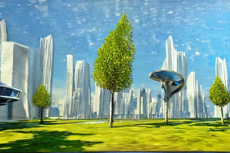 Sunny Day, futuristic buildings near the tree and lake zone, sci-fi, realistic vision, impressionism painting