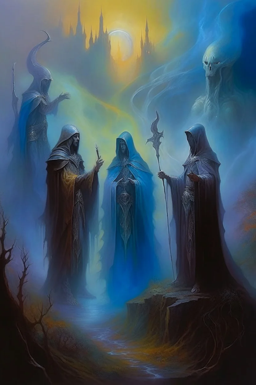 1970's dark fantasy cover dnd style oil painting of an holographic medieval heroes casting a spell in the mist with minimalist far perspective in an abstract pattern background.