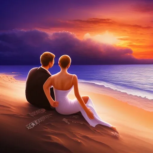 2 lovers watching the sunset sitting in the sand on a sand island