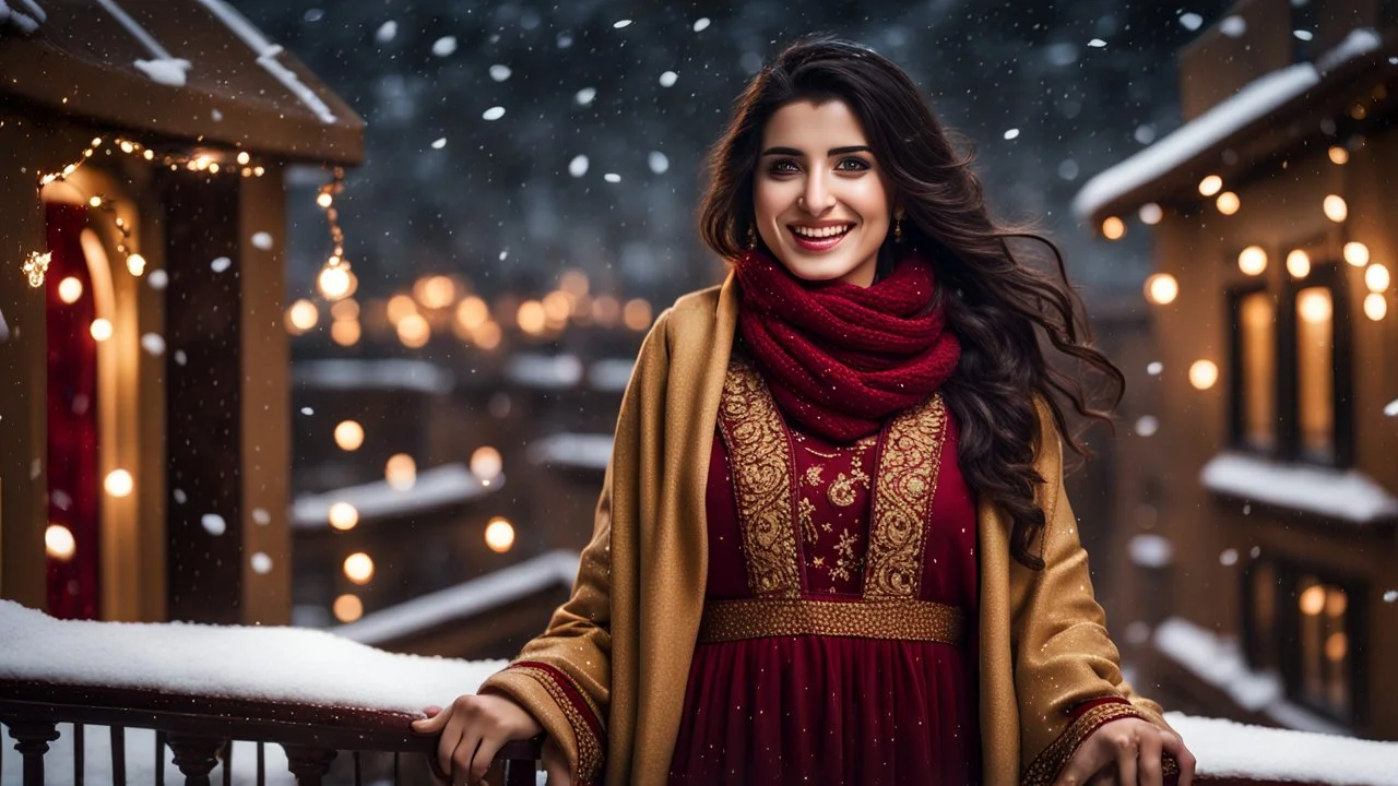 Hyper Realistic Photographic View Of A Gorgeous Pashto Young Woman (Wearing Long Golden Coat With Maroon Dress With Golden Embroidery & Wearing Maroon Scarf) Alone Happily Standing & Giving a Bold Smile With Dimples On Her Cheeks In Her (Black Walled) On Her Fancy Balcony Decorated With Fairy Lights With Her Beautiful Long Black Hair With Heavy Snowfall View From A Fancy Window At Her Back, At Dark Night Showing Dramatic & Cinematic Ambiance.