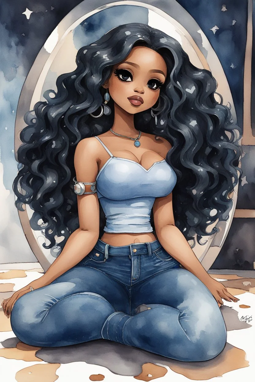 Create a futurism magna watercolor pain art of a black chibi curvy female sitting on the floor looking at herself in a hand mirror. She is wearing tight blue jeans and a black off the shoulder blouse. Prominent make up with lush lashes. Highly detailed long wavy hair. She is also wearing silver large hoop earringsart of a black chibi curvy female sitting on the floor looking at her cell phone. She is wearing tight blue jeans and a black off the shoulder blouse. Prominent make up with lush lashes