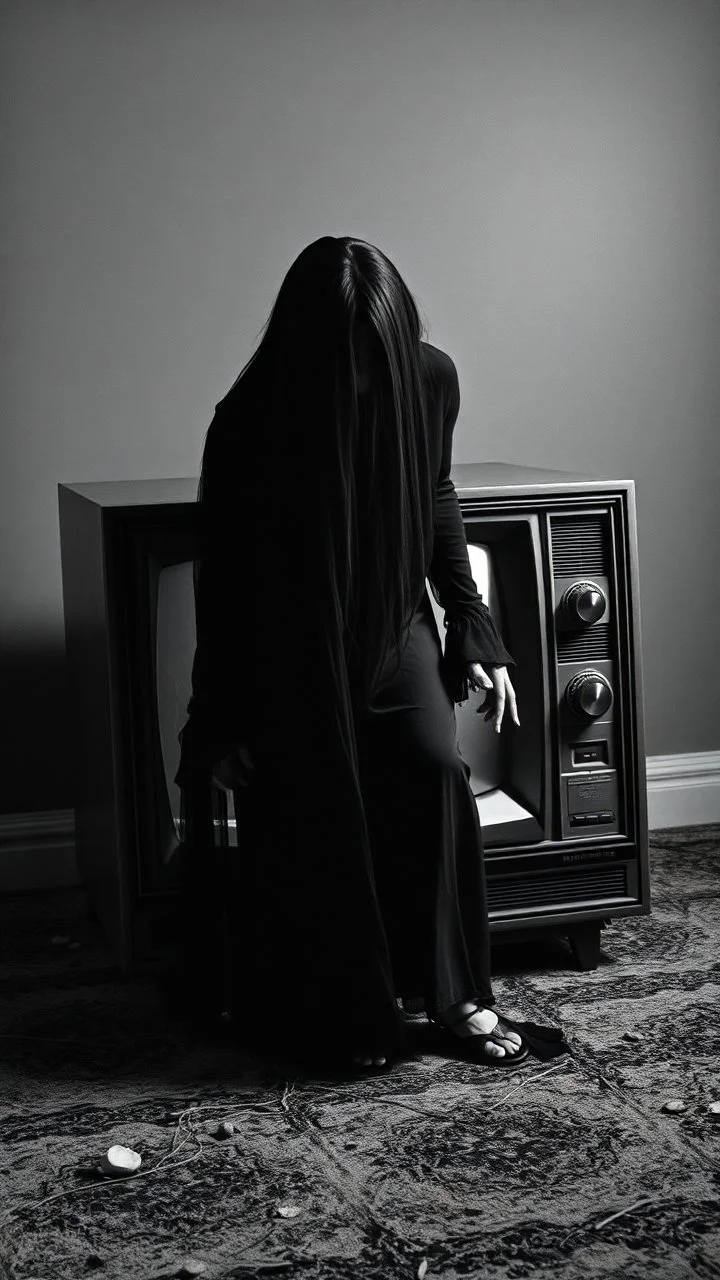Black and white classic movie the well . A scary women wearing all black and long hair covering her face stepping out of an old tv devise both her hands on the ground out side the tv and her half of her buddy is inside the tv , scary scene
