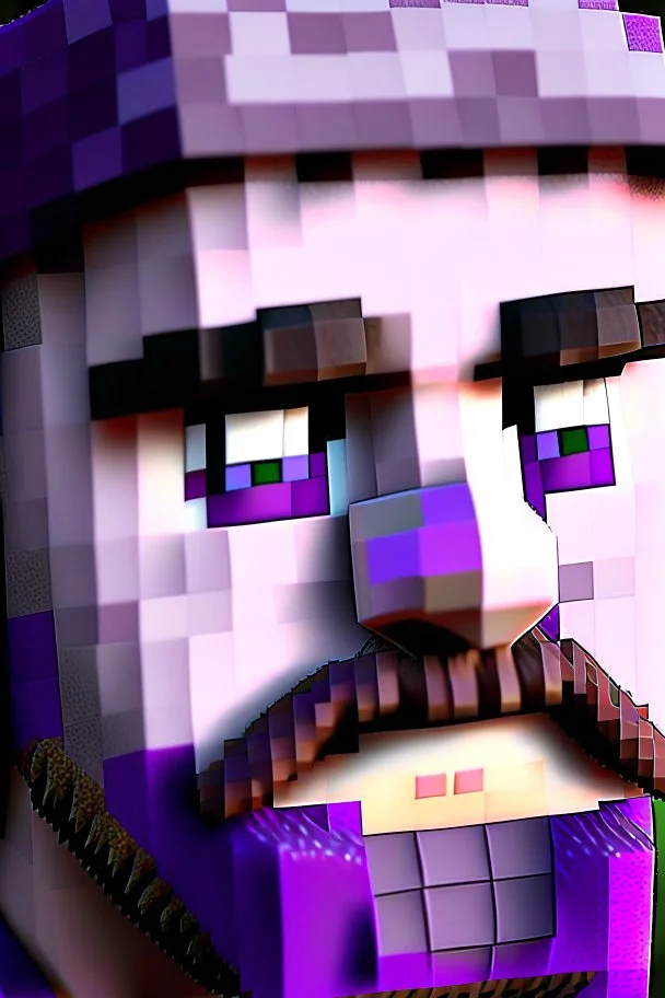 a close-up portrait of a purple Minecraft face, punk, chin beard,3d, large pixel style