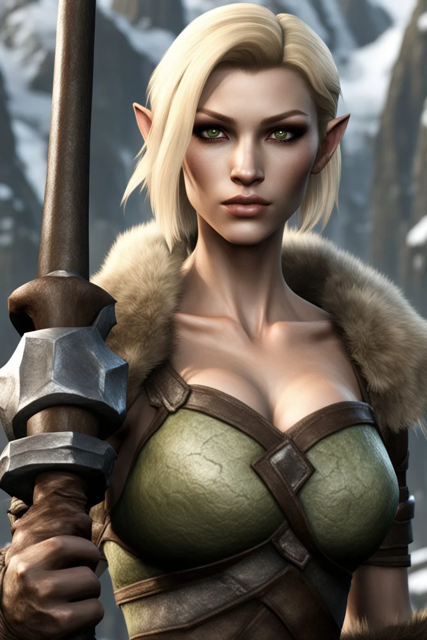 A female bosmer barbarian from Skyrim with dark brown eyes, blonde, short hair, holding orcish maul in hands