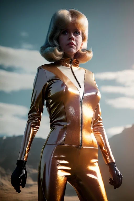 Ultra Realistic retro sci-fi portrait image from 1960, spaceship, sweet young Jane Fonda, tight latex suit, weapon, fighting stance, soft color, highly detailed, unreal engine 5, ray tracing, RTX, lumen lighting, ultra detail, volumetric lighting, 3d, finely drawn, high definition, high resolution.