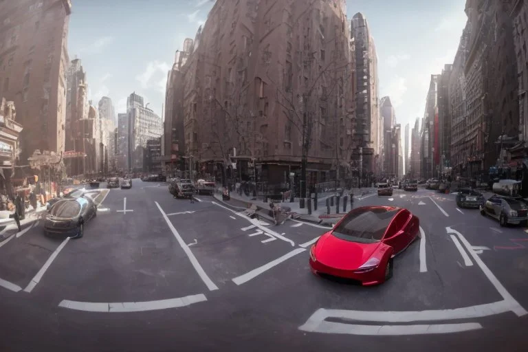 A Tesla 'Model Y' is racing at top speed, near the 'Central Synagogue' in New York City. (CINEMATIC, WIDE ANGLE LENS, PHOTO REAL)
