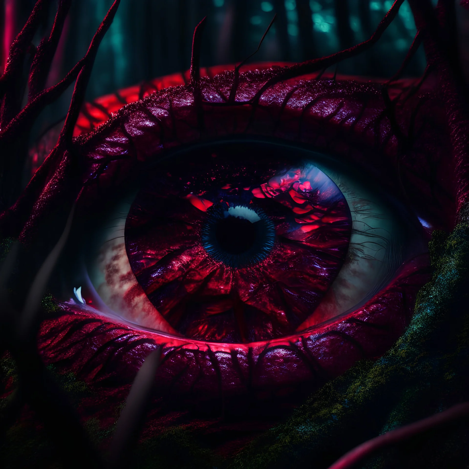 eyee in the forest enchanted, holographic, darkred tones, 8k, macro photography,