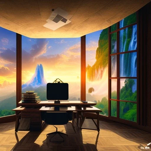 old wood sober house, large desk, parquet, sheet of paper, little pen, office chair in front of a huge picture window with large view on a waterfall with warm light, sunset ,photorealistic, detail, panorama, nature, globe, 8K, Hallelujah mountains, view first person