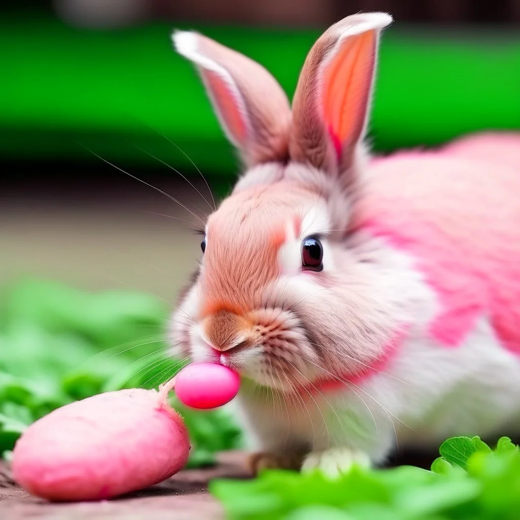 a pink rubbit is eating carrot