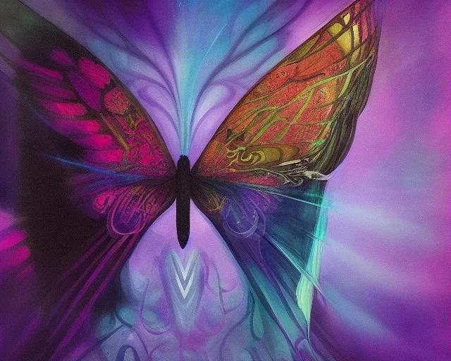 Beautiful mystical butterfly portrait, dark fantasy, romanticism, acrylic paint, chinese painting, magazine, highly detailed, ethereal, otherworldly, backlighting, rays of shimmering light, persian empire, artstation, silver, purple, black, teal, aqua, yellow, olive, vibrant, intricate,