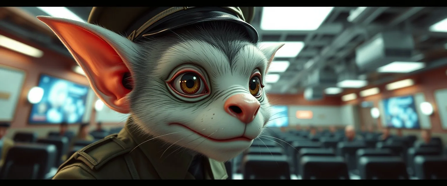 typical anime, airbrush and pen outline, french art , extreme close up on cheeky fluffy weasel hairy goblin military prison guard news anchor elf family scumbag in the style of Escher and Giger and Fallout 4, pinhole cam, airbrush 3d rendering, on tv screen:A five-second cinematic single take in a clean industrial presentation hall.