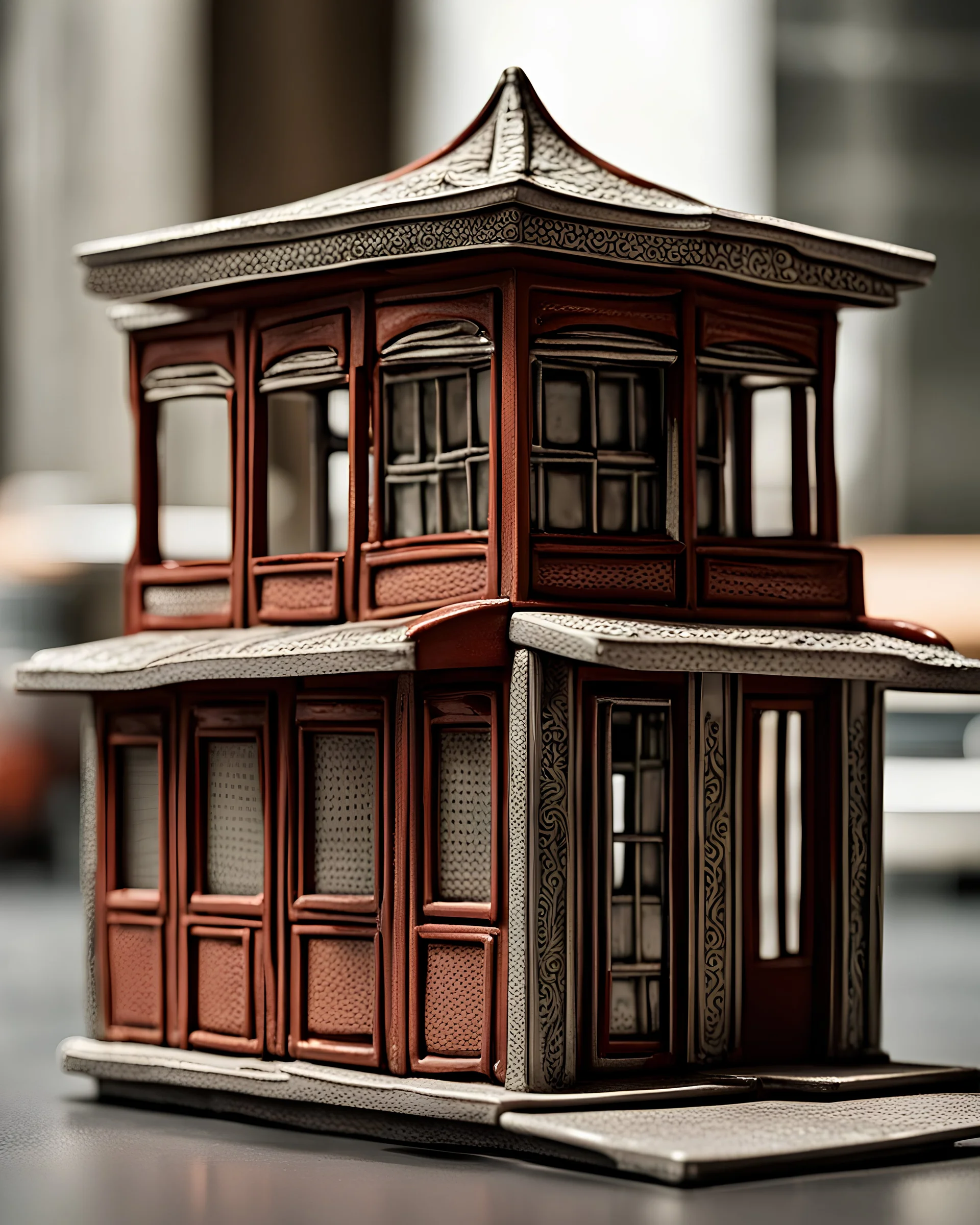 intricate minimalistic porcelian figurine of the vacant and empty street kiosk, circa 2000, 7cm height, solid, crocoite color palette, flat roof, one-story, one-room, silver mean composition, hyperdetailed, sophisticated, intricate details, contemporary urban art gallery