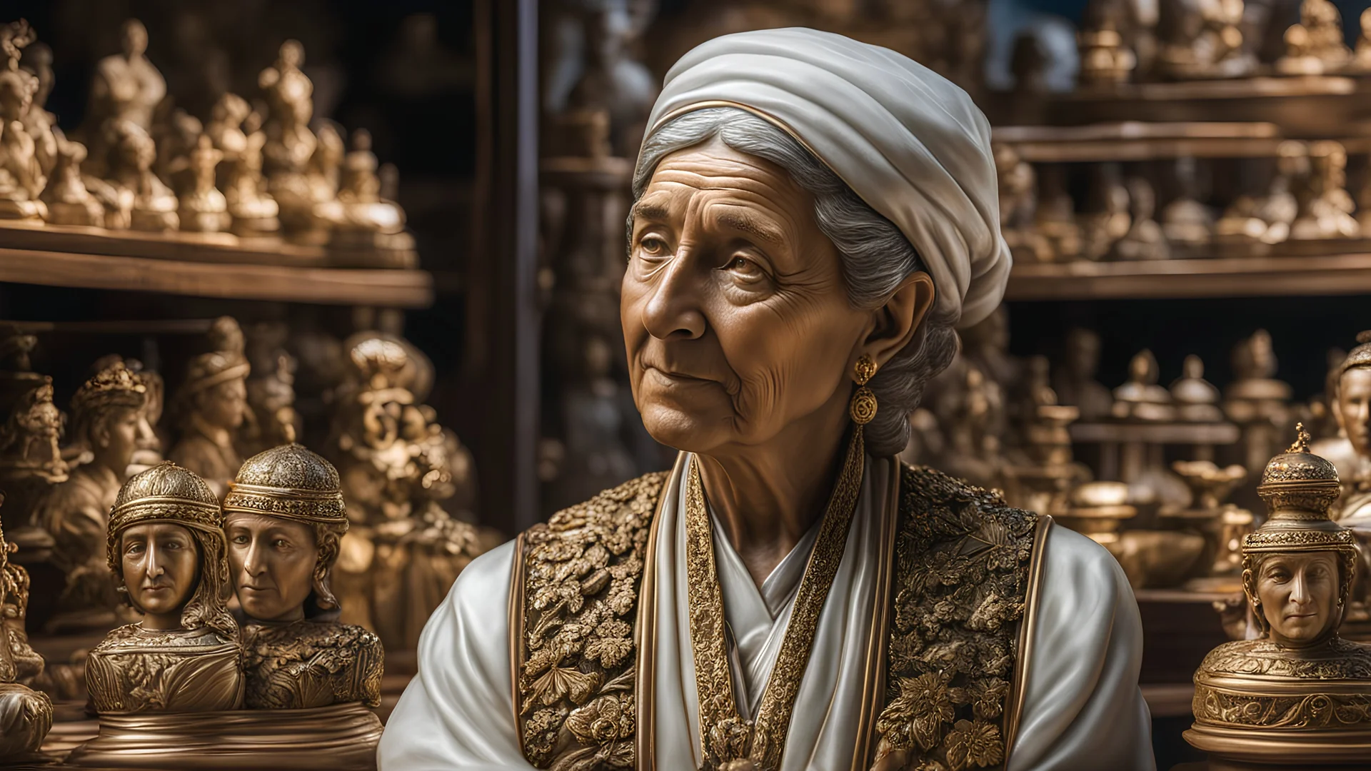 elderly male market trader selling small ornamental figurines and very detailed statuettes and statues, showing her head and upper body, perfect eyes, perfect anatomy, exquisite composition, beautiful detailed intricate detailed octane render, 8k artistic photography, photorealistic, soft natural volumetric cinematic perfect light, chiaroscuro, award-winning photograph, masterpiece, raphael, caravaggio, bouguereau