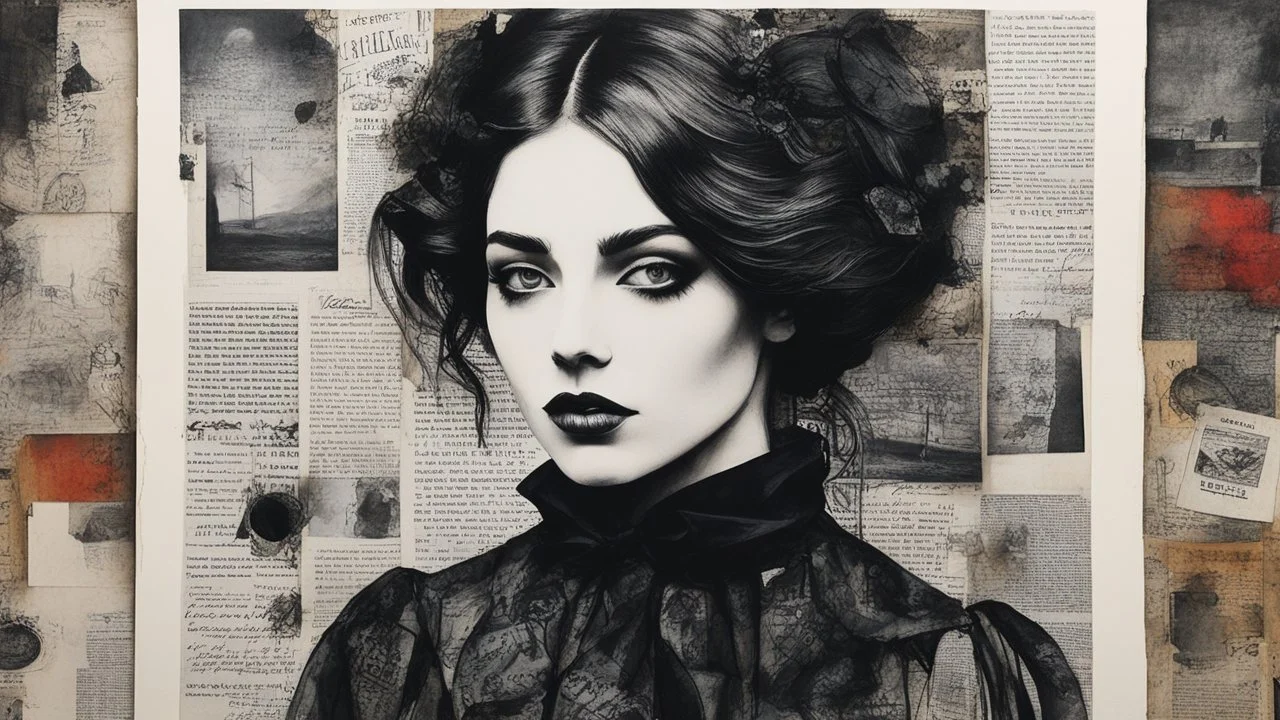 Gothic, Collage. Beautiful portrait of a woman in charcoal and ink. Mixed media. Newspaper clippings, many photographs, love letters, Magazine style. Surrealism, Detailed. Alcohol ink. Worn texture. Crisp focus. Inked outlines. Hints of vibrant color. Authors: Katherine Welz-Stein and Sam Toft