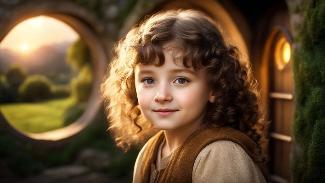 Little very young hobbit girl, beautiful, confident, calm, wise, happy, innocent, facing camera, head and shoulders, curly hair, hobbit clothing, perfect eyes, LOTR village, hobbit homes with circular windows and circular doors, night scene, stars, fireflies, 16k artistic photography, exquisite composition, photorealistic concept art, soft natural volumetric light, chiaroscuro, award-winning photograph, masterpiece, style William-Adolphe Bouguereau