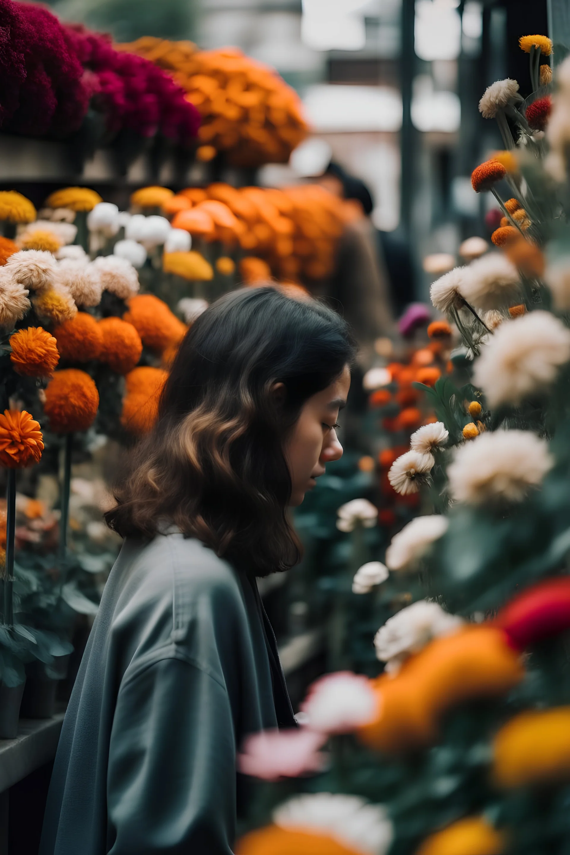A person looking at flowers