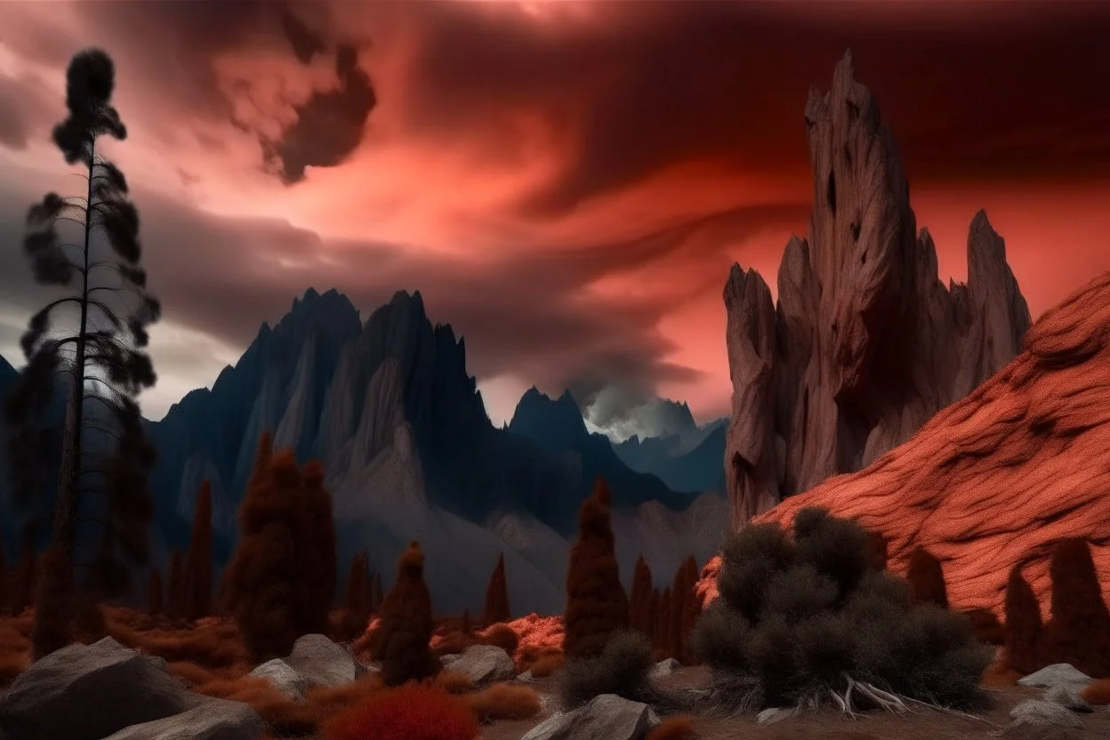 mountains, a gloomy rocky landscape, cypresses stretching up in the foreground, rocks and a bloody sky in the background