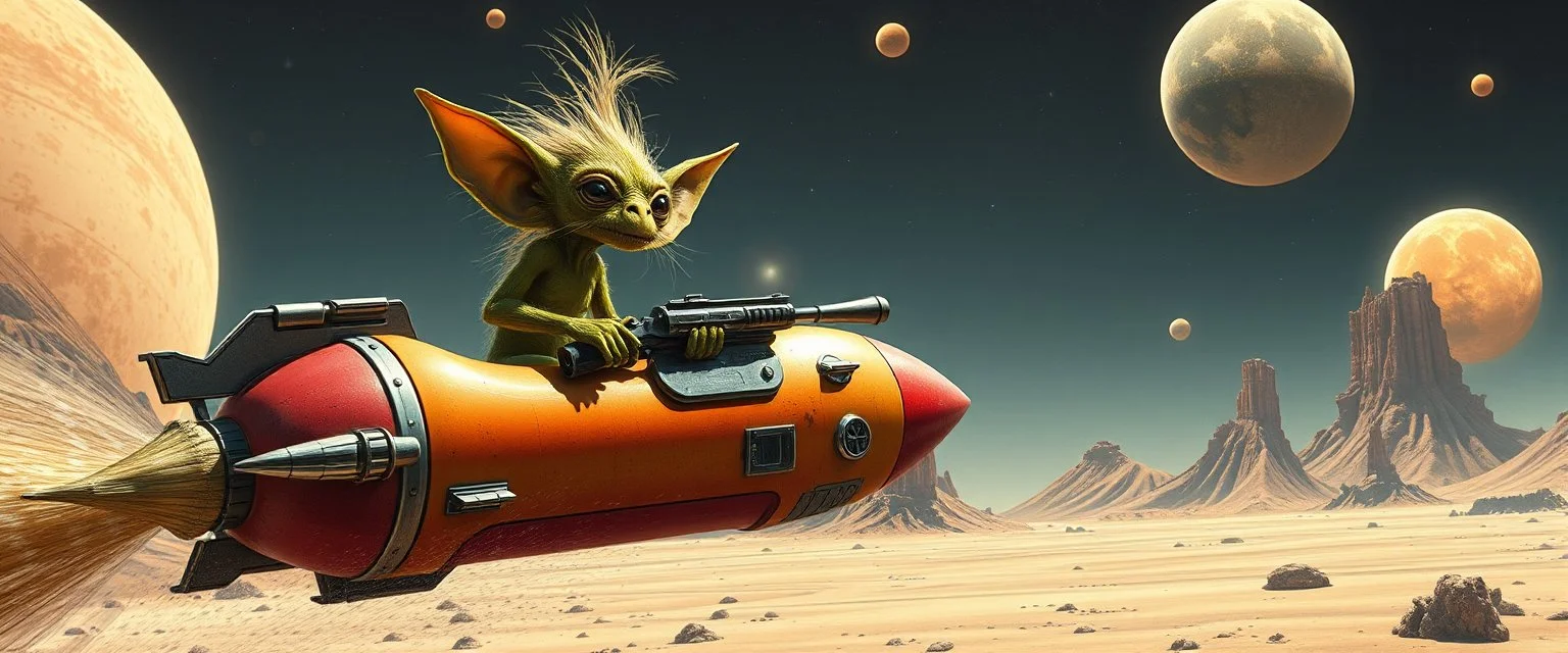 hairy macho gremlin aliens living in a hi tech marvellous hot dog rocket with a mounted gattling gun, heading for venus
