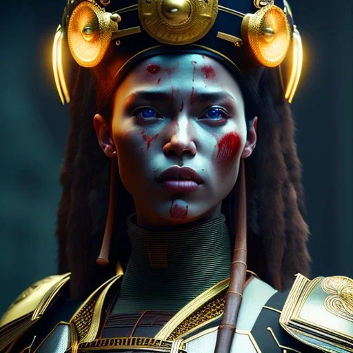 Latin woman, rounded face, blood, black, brown, samurai helmet, decorative color feathers, retro, bamboo, leather, soft color, highly detailed, art stations, concept art, smooth, unreal engine 5, god rays, ray tracing, RTX, lumen lighting, ultra detail, volumetric lighting, 3d, finely drawn, high definition, high resolution.