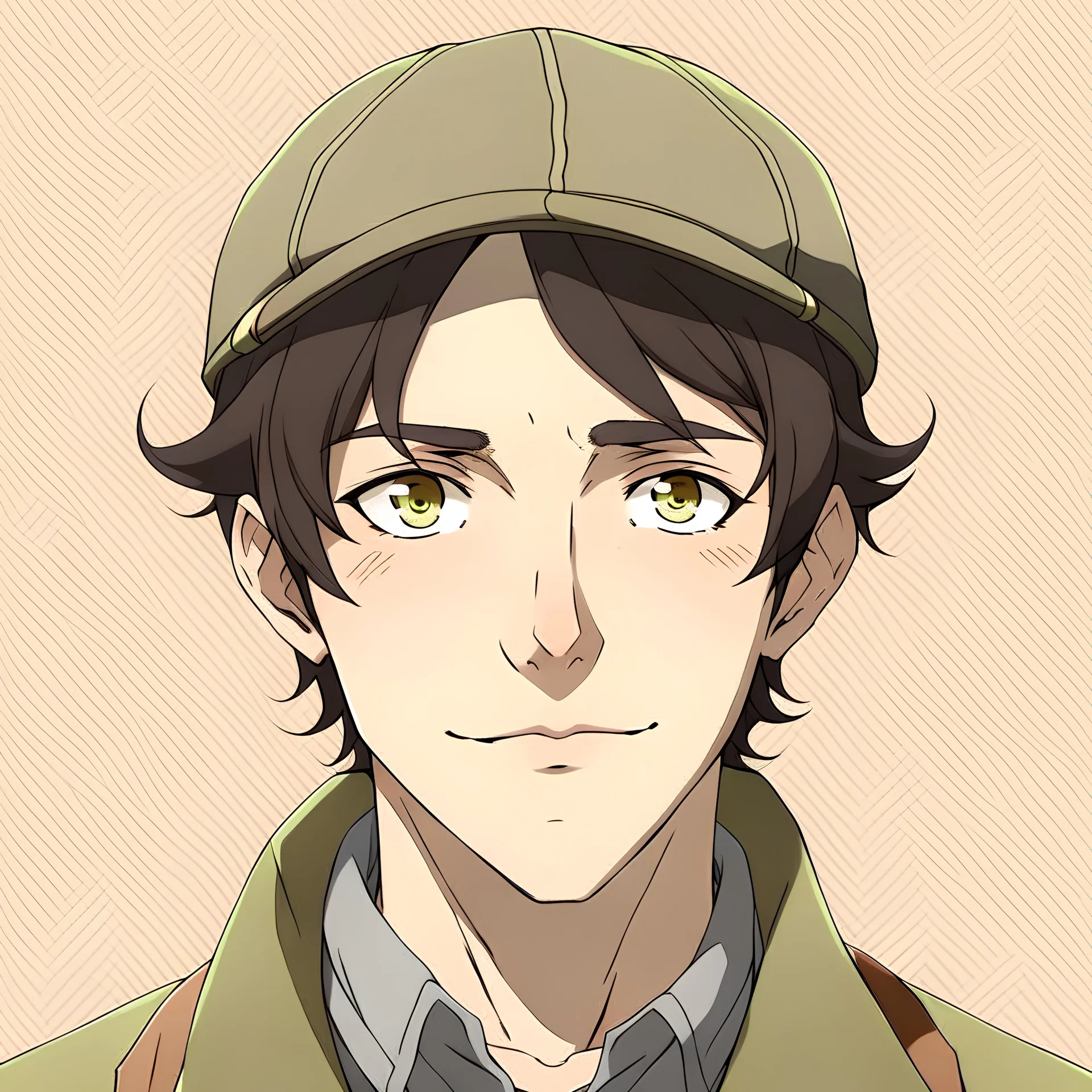 Young adult male, black hair with middle part under a newsboy cap, mischievous hazelnut brown eyes, tall and lanky, freckles here and there, front facing, looking into the camera, 1920s styled outfit, anime style