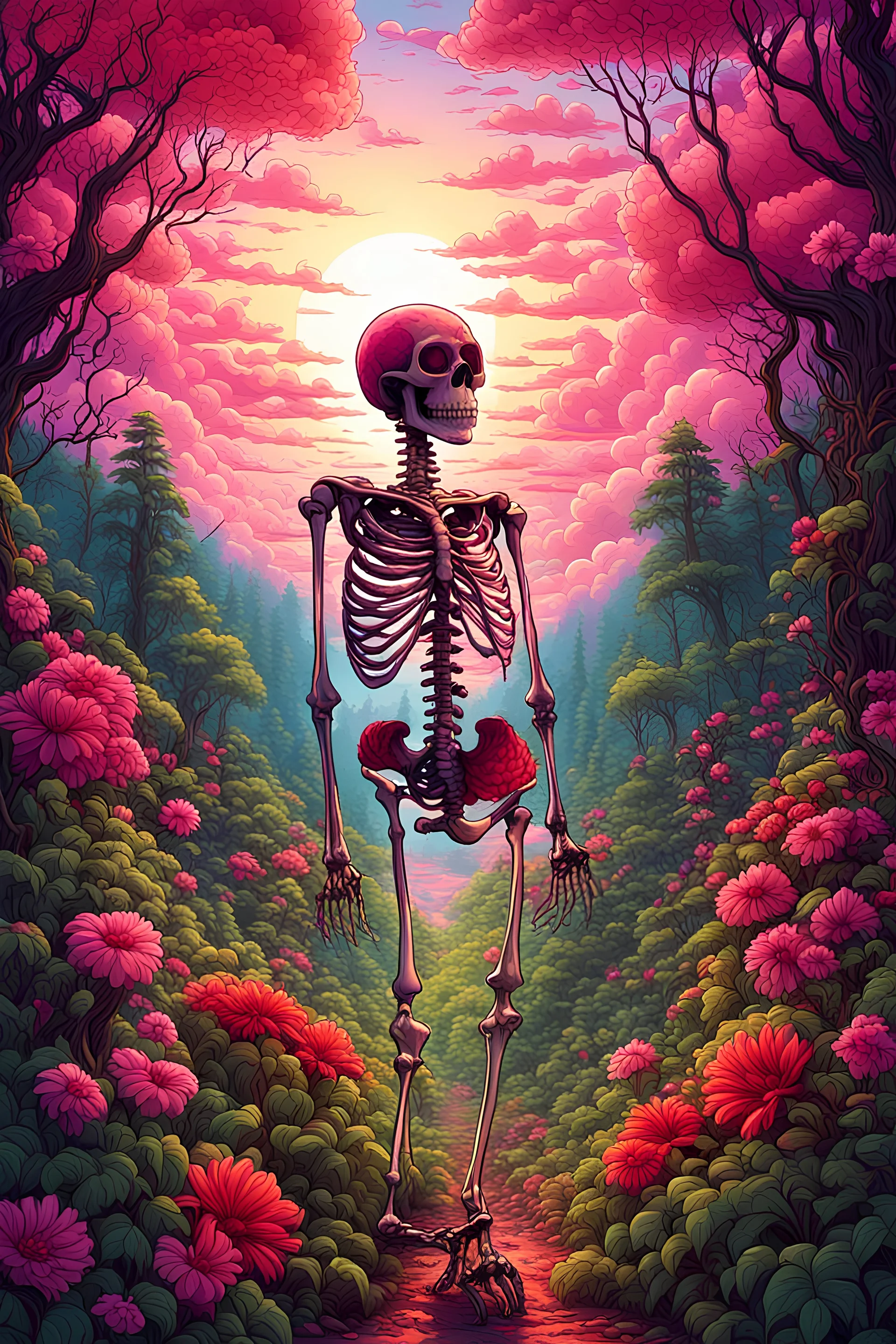 A skeleton who's bones are overgrown with vines and flowers walking around in a beautiful lush forest, pink puffy clouds in the distance, a vibrant vermilion sun is shining, detailed flora, peaceful mood, 4k resolution, hyper detailed, abstract psychedelic art