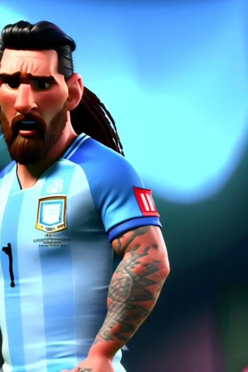 Realistic Messi Argentina soccer player Portrait, mid shot view, angry, concept art, art station, 3d, photo studio, blue clean background, unreal engine 5, ray tracing, RTX, lumen lighting, ultra detail, volumetric lighting.