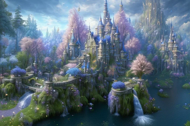 a fairy tale style, with anda indigo castle，waterfall, flowering trees, full of details, matte painting, concept art, smooth, bright sunshine，soft light atmosphere, blender unreal engine，light effect，rtx on，vaporwave colorful, artstation, concept art, smooth, extremely sharp detail, finely tuned detail, ultra high definition, 8 k, unreal engine 5, ultra sharp focus, illustration, magic ambient,