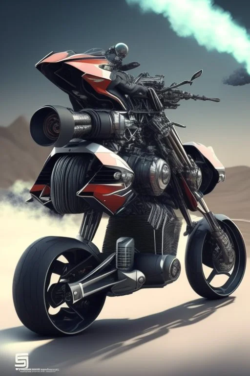 An advanced motorcycle with four wheels and a turbo jet in the back with rockets and machine guns