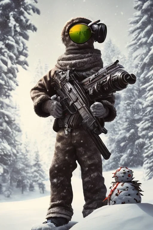 Snow man like a cyborg,with sunglasses,with gun,detail,textures,cinematic