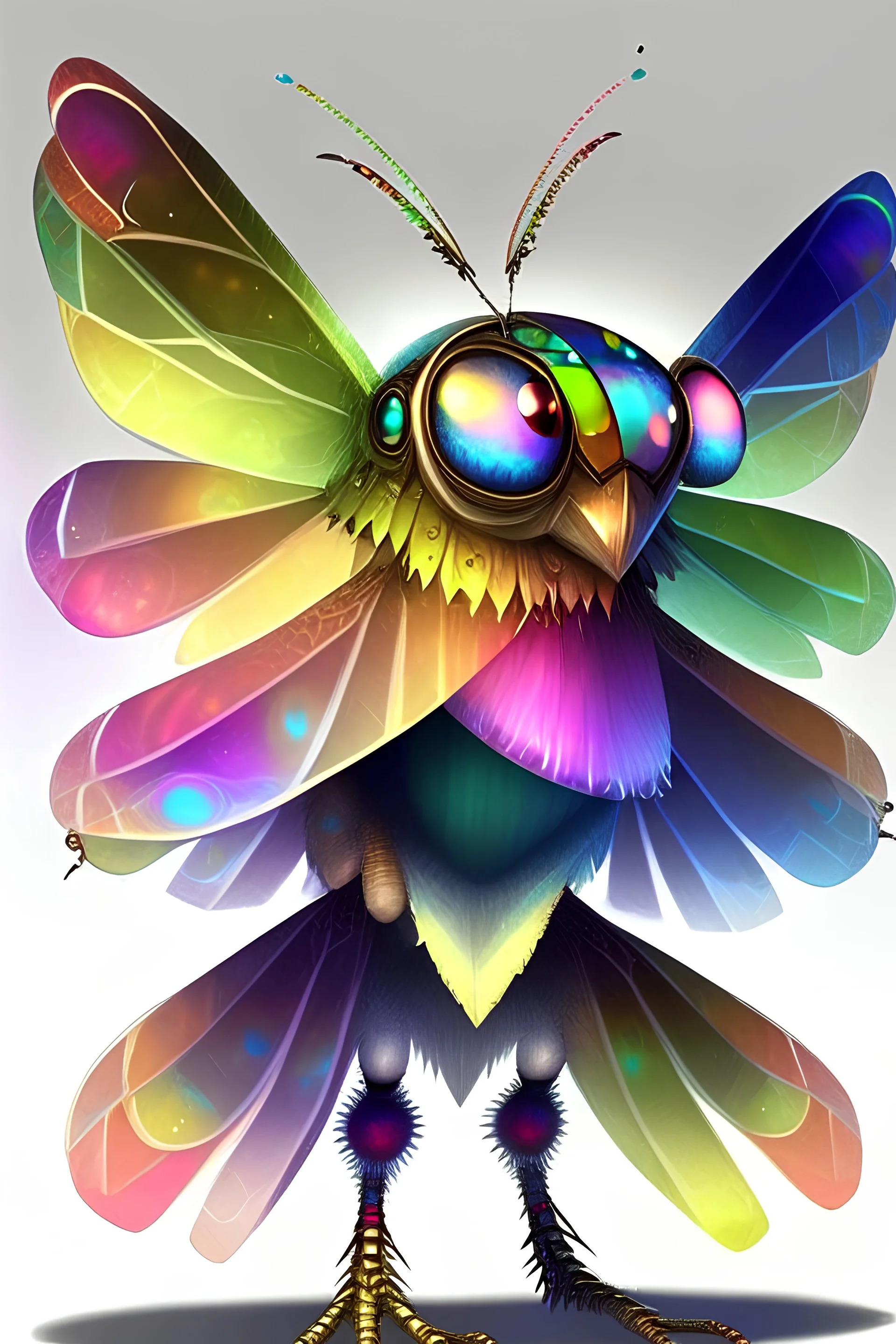 It has a square-shaped body and a cone-shaped head resembling the top of a tower. It is characterized by multiple eyes, like the eyes of a fly, that sparkle with rainbow colors when exposed to light. He has transparent wings, sparkling with radiant, overlapping colors, dancing and moving with every movement he makes