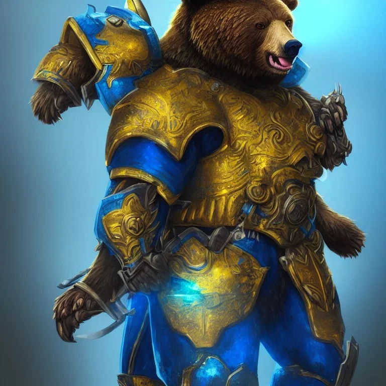 An angry bear warrior in blue and gold armor, background of Inka jungle, high detail, smooth, realistic, digital illustration, Artstation, artgerm,