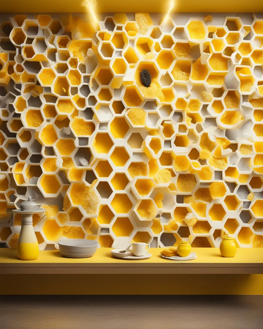 irtual photo wallpaper with honeycombs, a beautiful yellow background, false windows and bright pseudo-lights and spots on the walls, display shelves for products