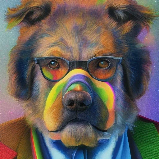 old man with glasses, with dog travels the rainbow bridge, photorealistic, 8k