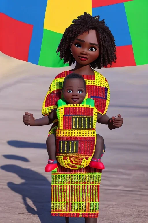 futuristic baby carrier in Kente, rusted clocks eyes, cinematic, scaffolding, ghana flag, african pattern symbols, black star, engraved, 8k quality