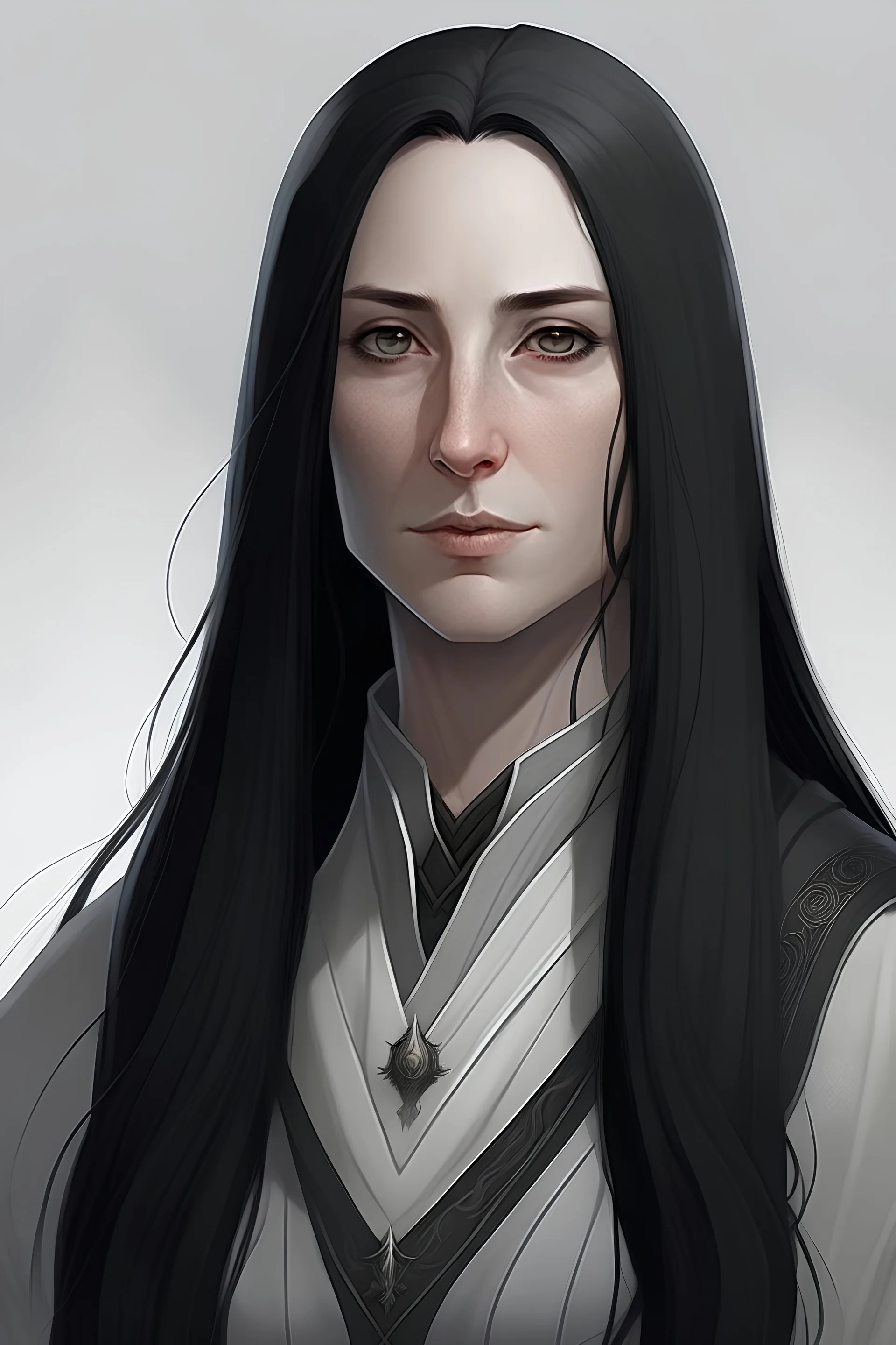 female cleric with long straight black hair, dark grey eyes, early 40s