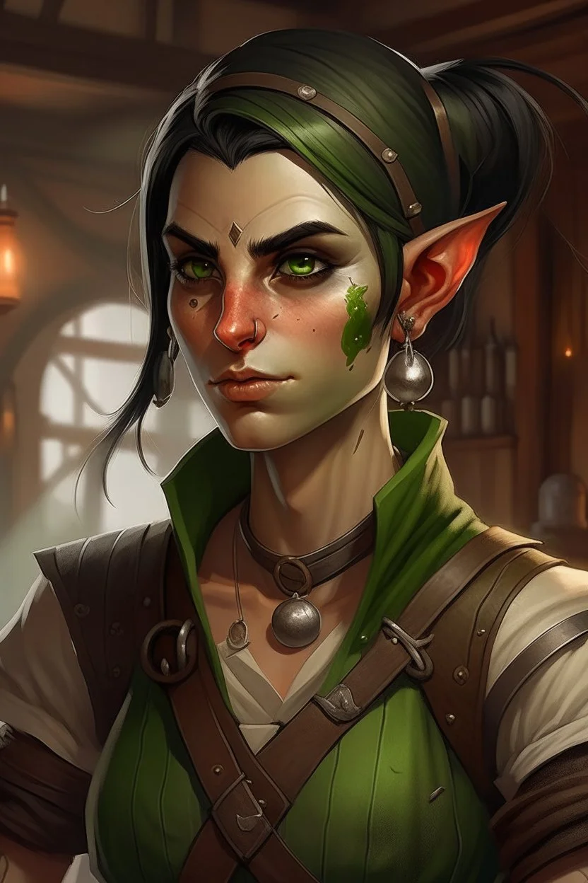 Dungeons and dragons half orc tomboy. She has green skin and pointy ears. She is kind. She is handsome. She has nice eyes. She has short black hair. She is strong. She is in a tavern. She has broad shoulders. Realistic style