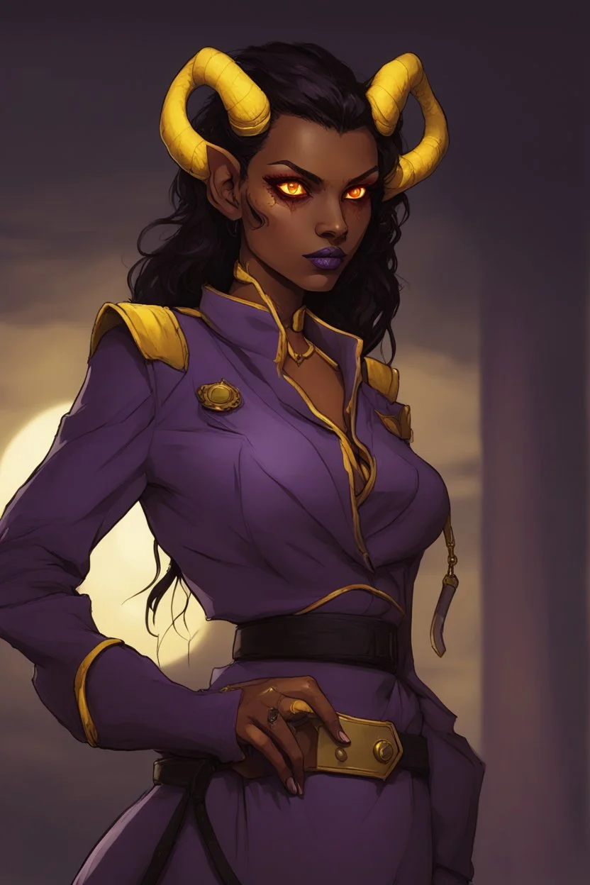 Purple-skinned female tiefling in milltary attire with glowing yellow eye wearing a dress that cut down to her navel.