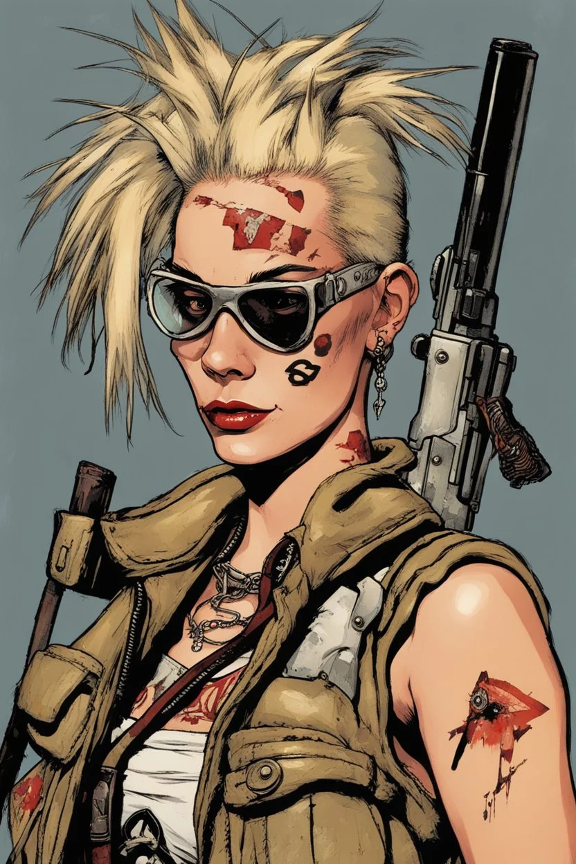 Tank Girl, never one to shy away from pushing boundaries, continued her audacious display of defiance. She holstered her modified firearm briefly on her hip, then, with a sly grin, brought it up to her lips, sensuously licking the barrel in a provocative manner. Her actions were both a testament to her irreverent spirit and a calculated challenge to anyone who might underestimate her. As the camera captured the daring act, the metal of the gun glistened under the unforgiving desert sun, making