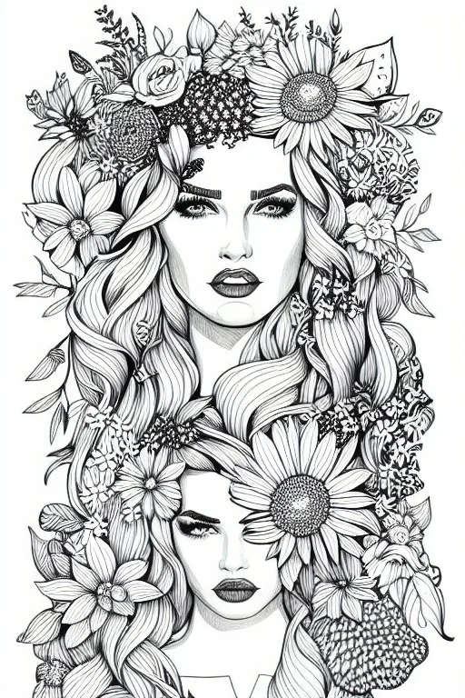 hyper detailed, black and white, thick line, coloring book illustration, lineart, stunningly beautiful woman in flowers